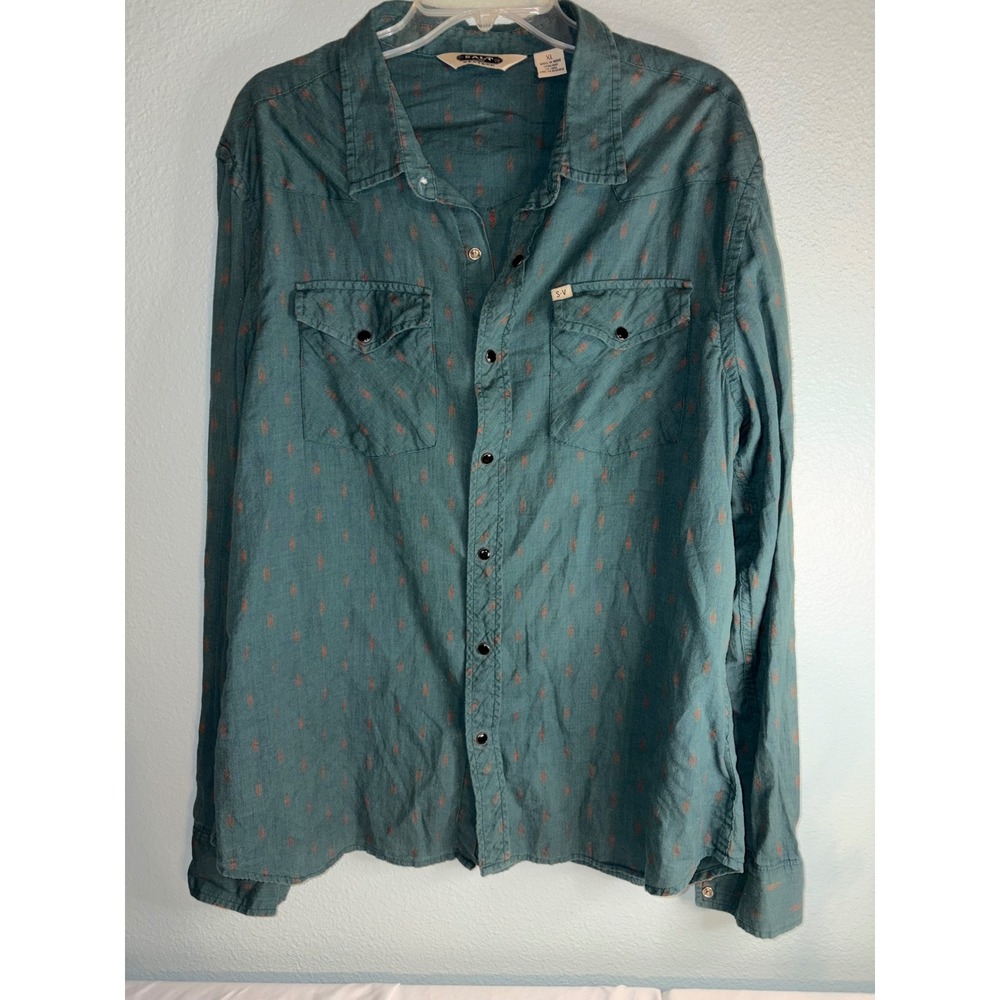 Salt Valley Western Mens XL Teal Green Ikat Print pearl Snap Western Shirt